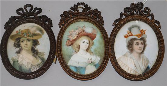 3 gilt metal framed portrait miniatures of elegant ladies